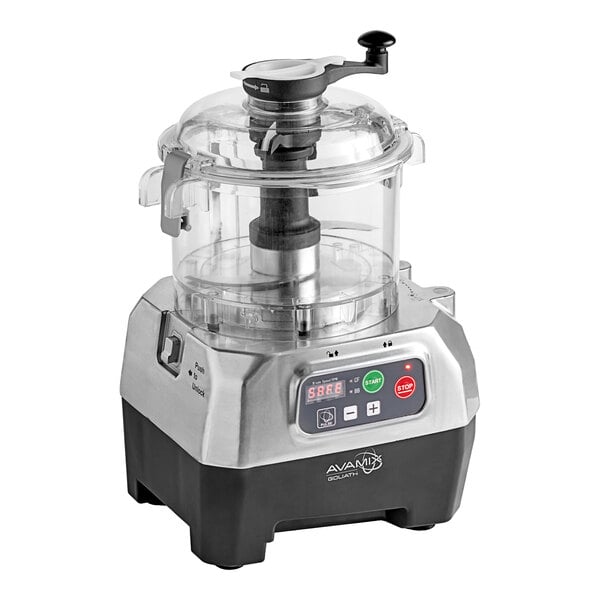 A commercial food processor with a clear batch bowl and digital controls.