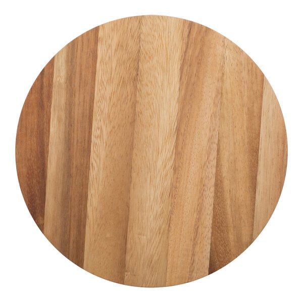 An Ironwood acacia wood round serving board with a wooden handle.