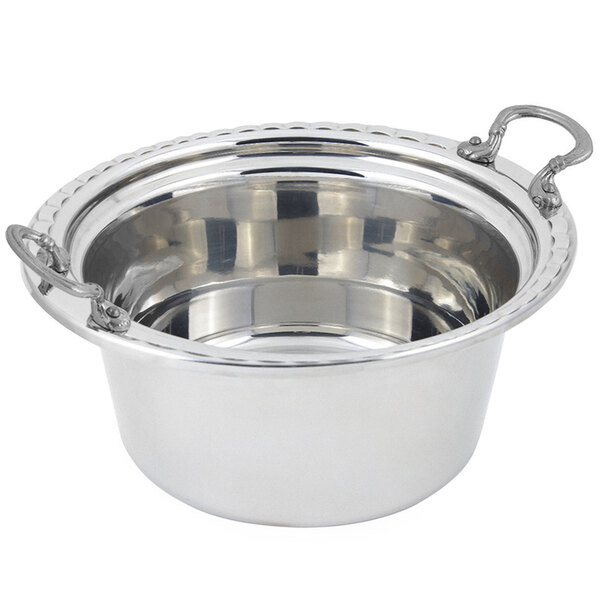 A stainless steel casserole food pan with round stainless steel handles.