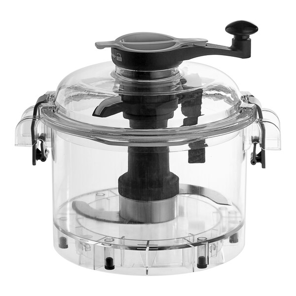 A clear plastic batch bowl with a black handle for an AvaMix food processor.