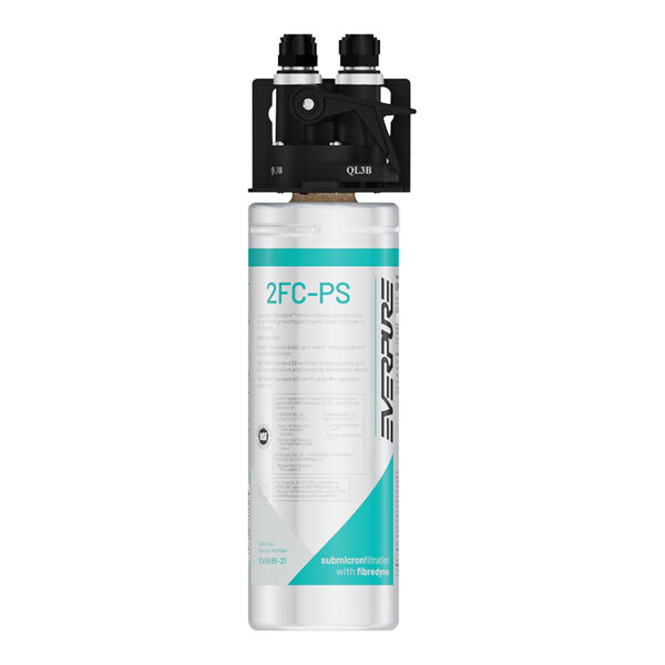 An Everpure water filtration system with a white can and blue cap.