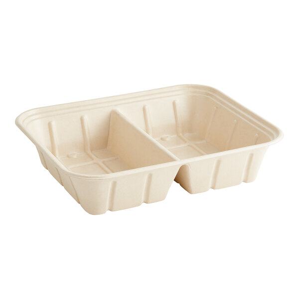 A white World Centric compostable fiber container with two compartments.
