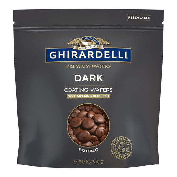 A white bag of Ghirardelli dark chocolate coating wafers.