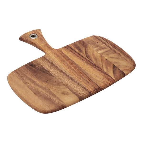 An Ironwood acacia wood paddle board with a handle.