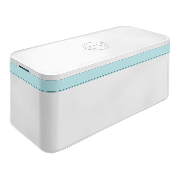 A white rectangular container with a blue stripe and a lid with the words "Outset Icebox" in blue.