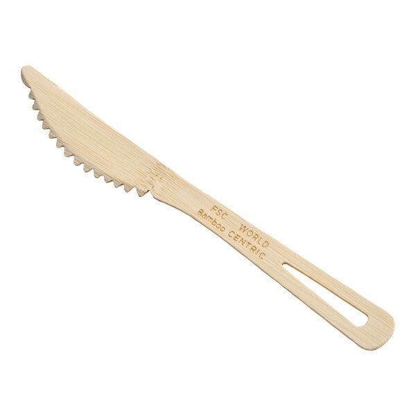 A compostable bamboo knife with a serrated edge and a cutout handle.