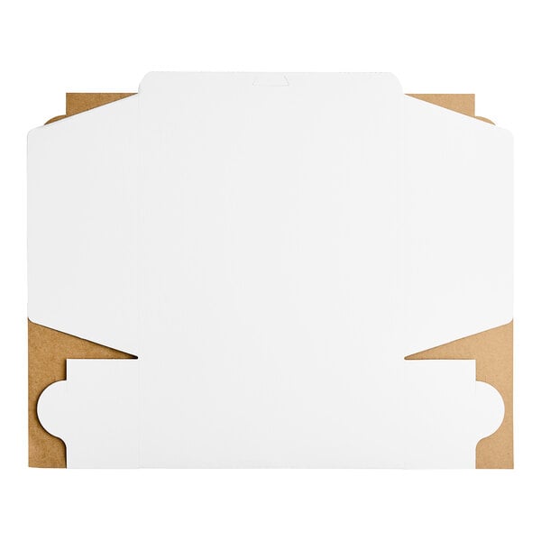A white cardboard bakery box with a cut out top.