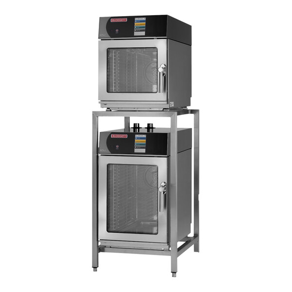 A stack of two stainless steel Blodgett mini electric boilerless combi ovens.