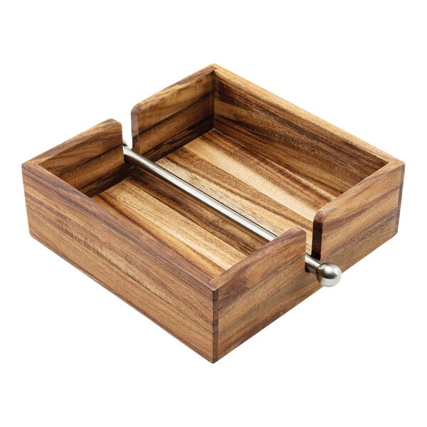 An Ironwood acacia wood napkin holder with a weighted metal center bar.