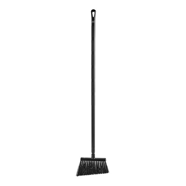 A black broom head with long bristles on a white background.