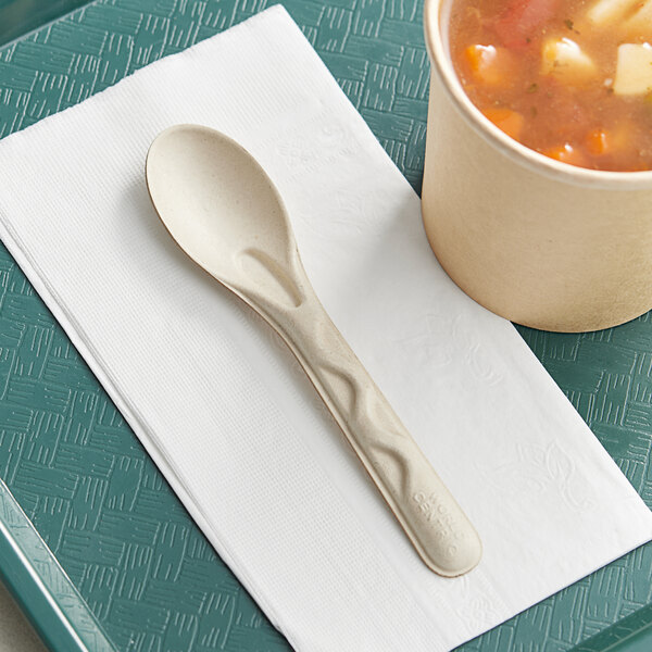 A white World Centric compostable fiber spoon on a napkin.