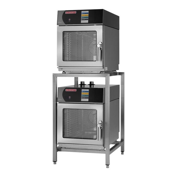 A stainless steel stand with two Blodgett mini electric combi ovens stacked on top of each other.