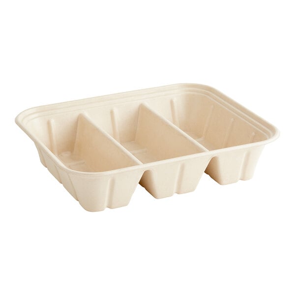 A white World Centric compostable fiber container with three compartments.