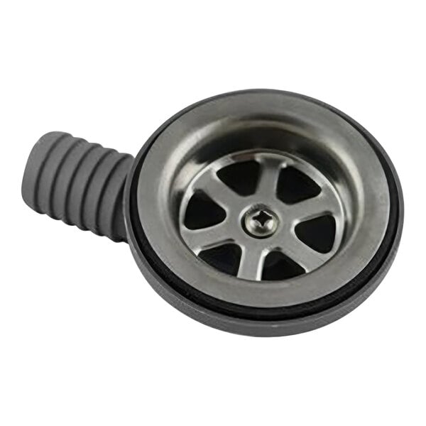A close-up of a stainless steel sink drain assembly with a black hose.