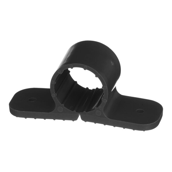 A black plastic Oatey pipe clamp with two holes.