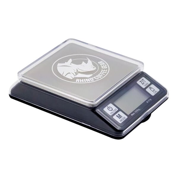 A black and clear Rhino Coffee Gear dosing coffee scale with a white rhinoceros logo.