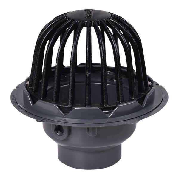 A black plastic Oatey roof drain cover with a metal cage.
