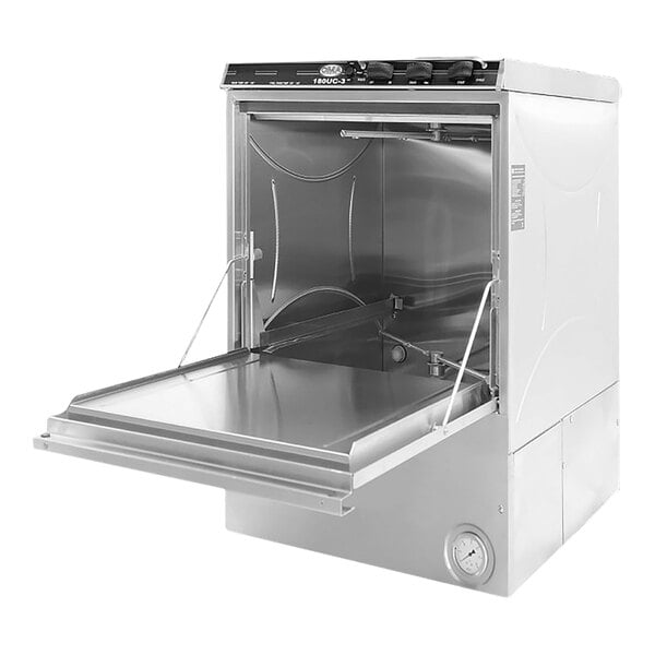 A CMA Dishmachines stainless steel under counter dishwasher with the door open.