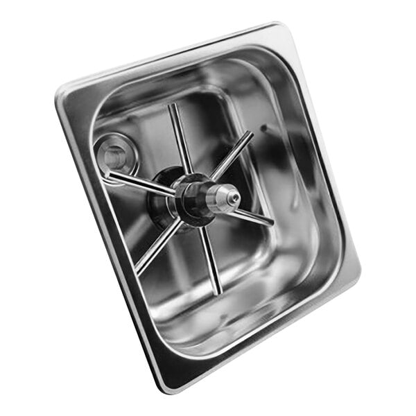 A stainless steel Rhino Coffee Gear pitcher rinser on a counter above a stainless steel sink.