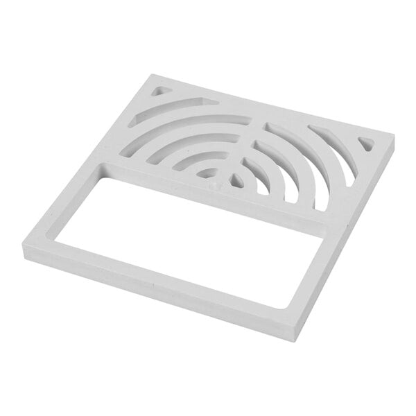 A white square PVC drain grate with a circular design in the center.