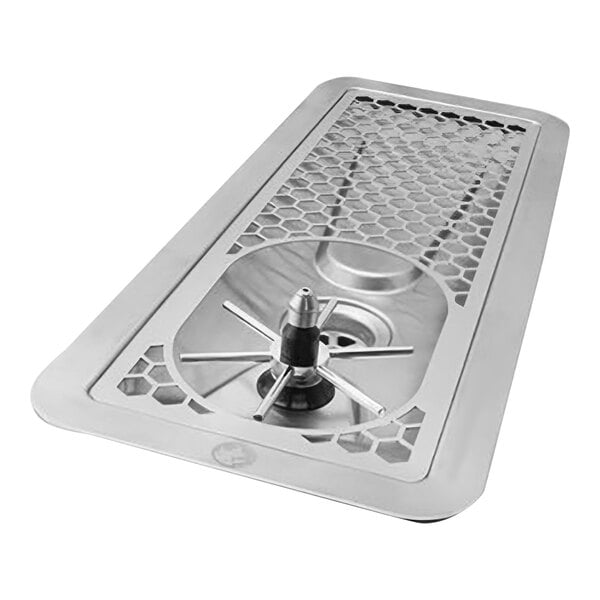 A stainless steel pitcher rinser with a Spinjet valve in a metal sink with a hole.