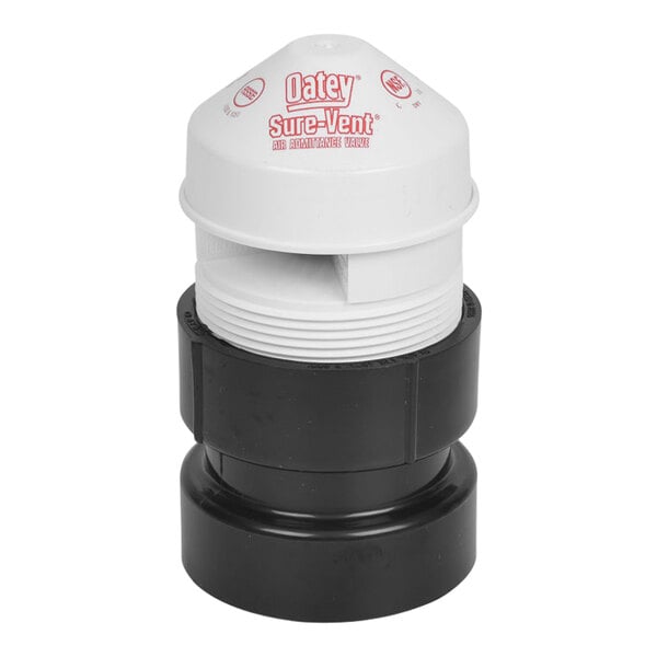 A white and black Oatey Sure-Vent air admittance valve with black plastic adapter.