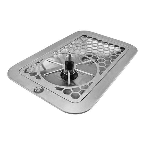 A metal plate with a black and silver Rhino Coffee Gear stainless steel pitcher rinser on it.
