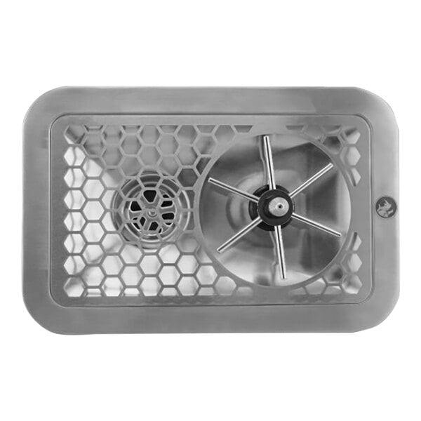 A stainless steel Rhino Coffee Gear pitcher rinser with a Spinjet valve over a metal sink drain.