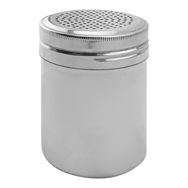 A silver stainless steel cocoa shaker with a round lid.
