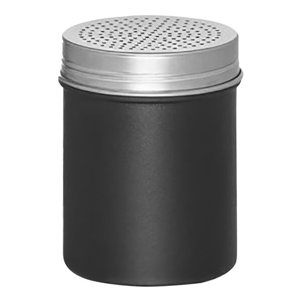 A black plastic Rhino Coffee Gear cocoa shaker with a silver lid and holes.