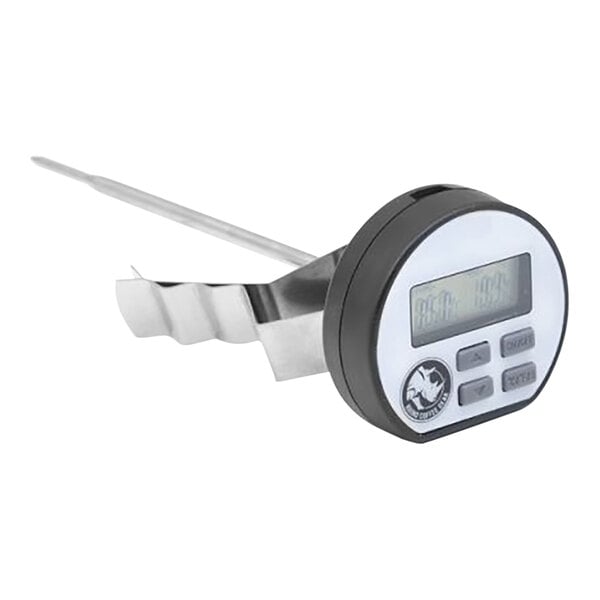 A Rhino Coffee Gear digital frothing thermometer with a metal handle and digital display.