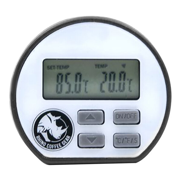 A white and black Rhino Coffee Gear digital thermometer with a screen showing the temperature.
