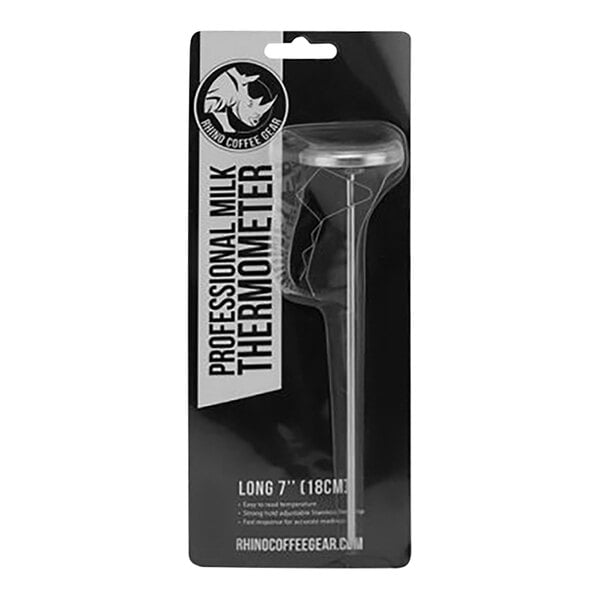 A close-up of a Rhino Coffee Gear frothing thermometer with a long handle.