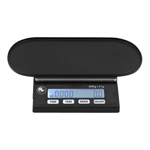 A black electronic Rhino Coffee Gear coffee scale on a counter with a rectangular digital display.