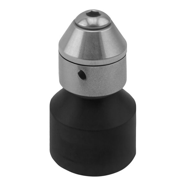 A close-up of a black and silver metal Spinjet adaptor.