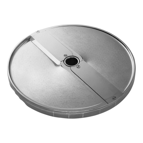A circular metal Sammic FC-3D 1/8" slicing disc with a hole in the center.