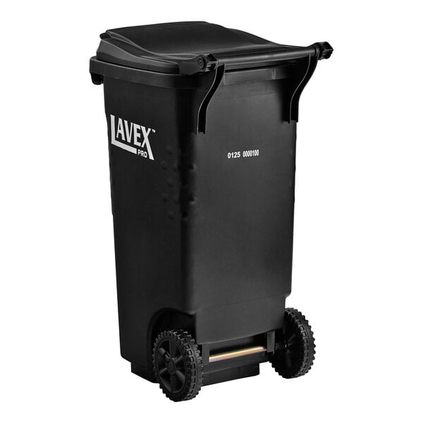 A black 35-gallon rectangular trash can with wheels and a lid.