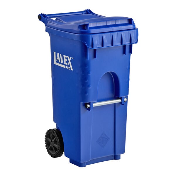A blue 35-gallon wheeled rectangular recycle bin with a lid.