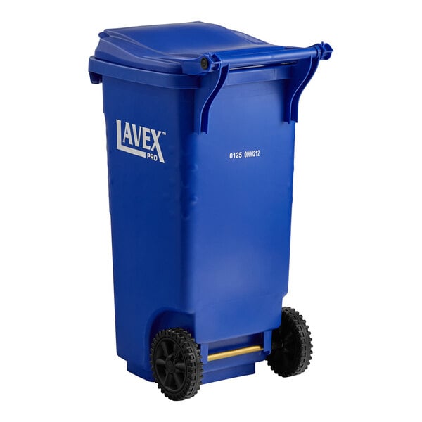A blue 35-gallon wheeled rectangular recycle bin with a lid.