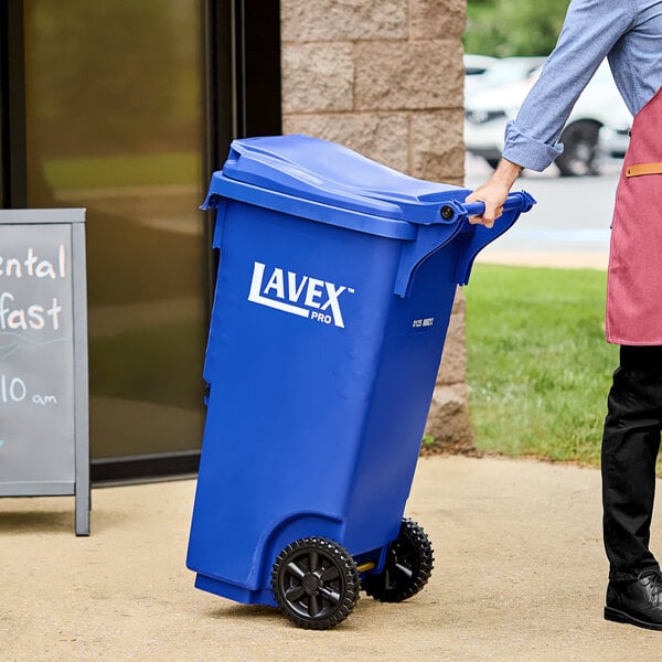 Lavex Pro 35 Gallon Blue Wheeled Rectangular Recycle Bin with Lid
