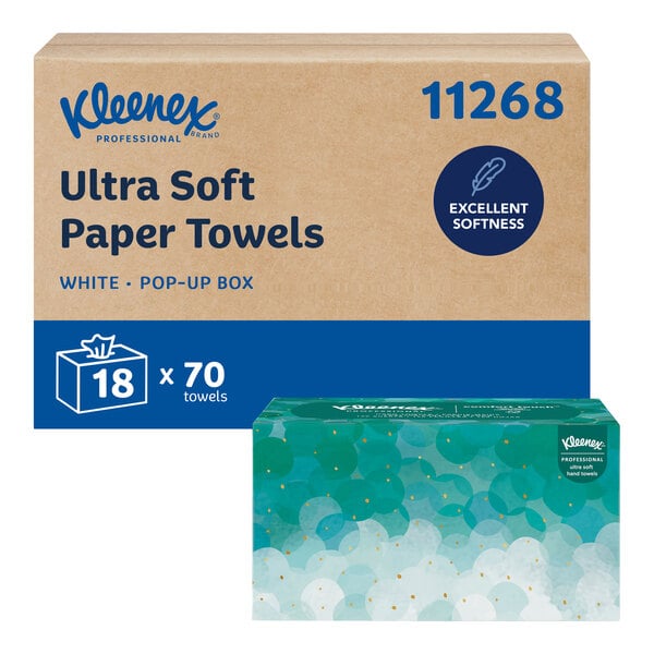 A case of Kleenex Professional Ultra Soft White 1-ply folded paper hand towels in a pop-up box, containing 1,260 towels per case.