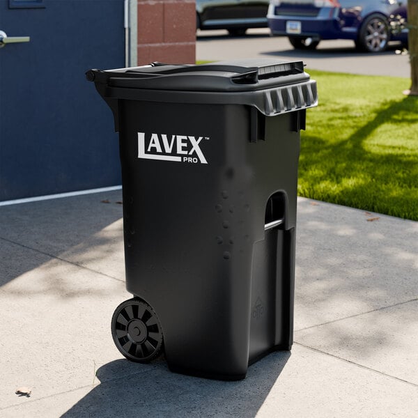 A black Lavex Pro 45-gallon wheeled rectangular trash can with a lid.