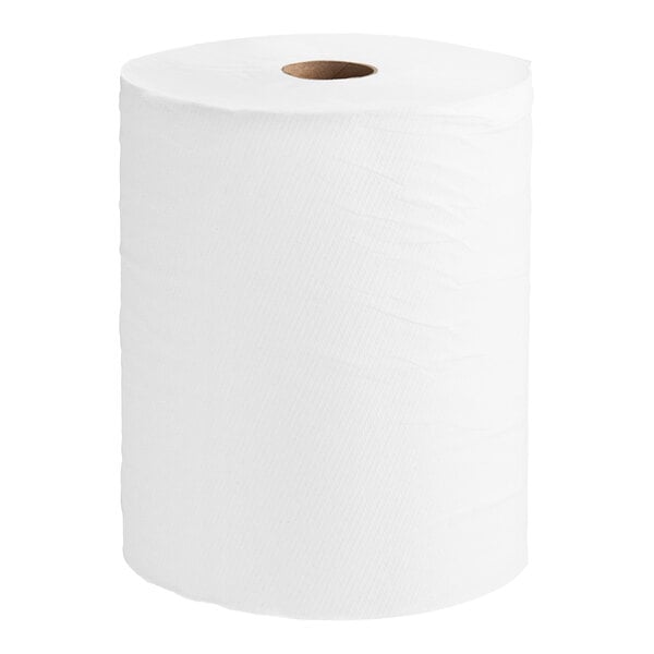 A roll of white Scott hard roll paper towels.