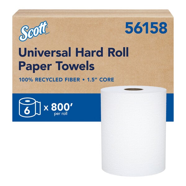 Scott® Universal 8" White 100% Recycled Hard Roll Paper Towel Roll, 800' / Roll - 6/Case