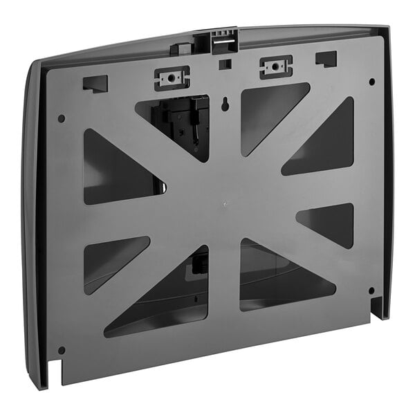 A grey plastic Scott Series I surface-mounted toilet seat cover dispenser with black holes.