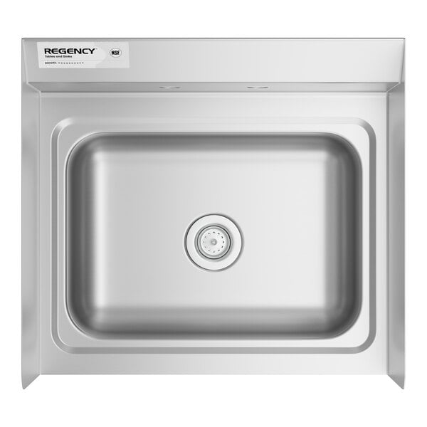 A stainless steel Regency wall-mounted hand sink with a strainer and side splash.