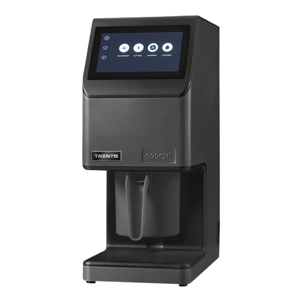 A black Pacojet 4 food processing machine with a screen on it.