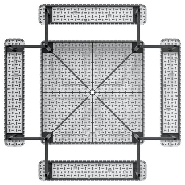 A white metal square picnic table with black metal bars.
