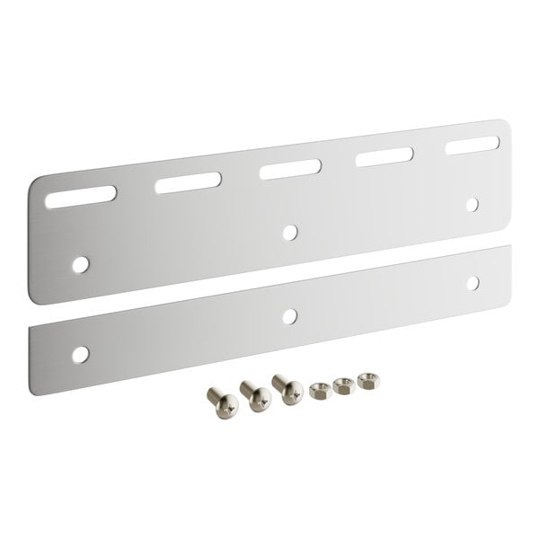 A close-up of a Lavex metal plate with screws and bolts.