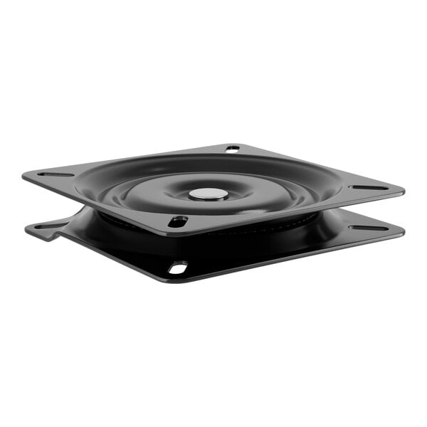 A black round swivel plate with a metal circle.